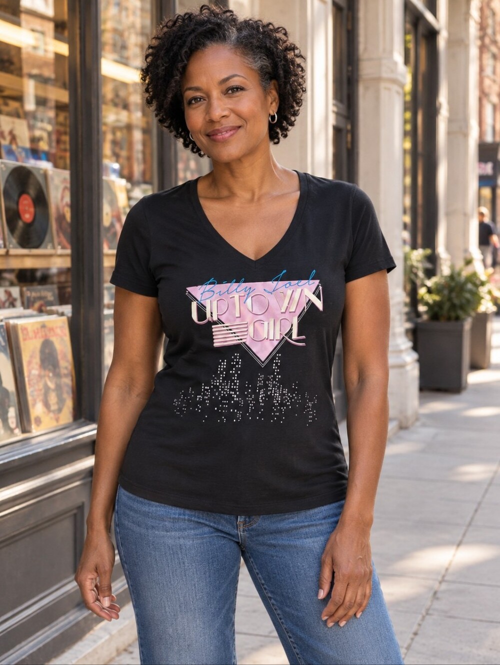 Billy Joel Official Uptown Girl Graphic V-Neck Tee Black Women's L